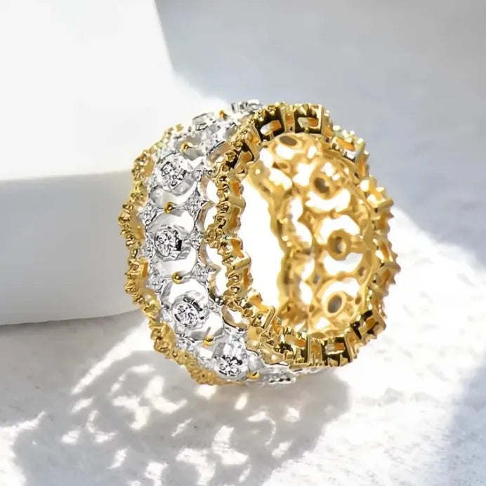 Two-tone Hollow-out Brass Wedding Band with Sparkling Zirconia for Women
