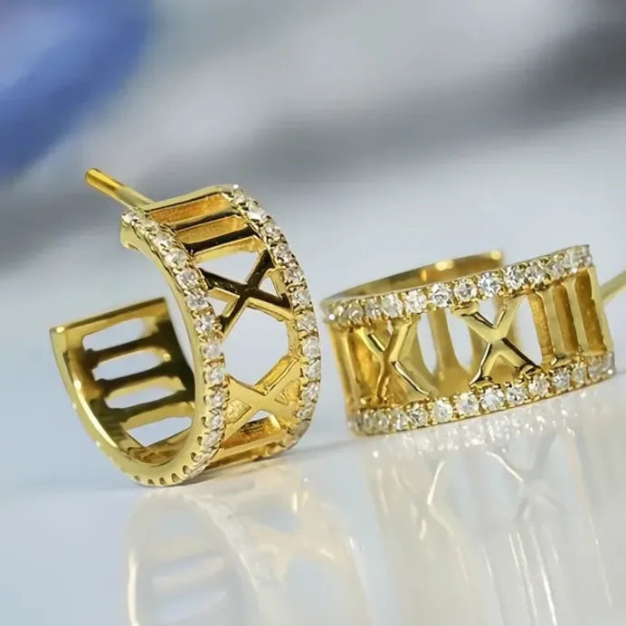 Trendy Women’s Hoop Earrings with Roman Numerals and Cubic Zirconia