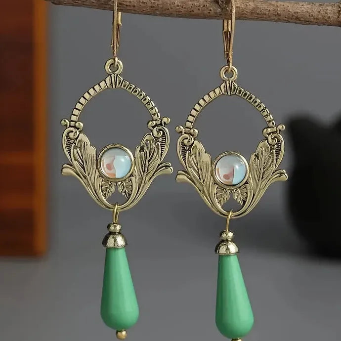 Vintage Bohemian Blue Gemstone Pendant Earrings for Women Ethnic Zinc Alloy Jewelry