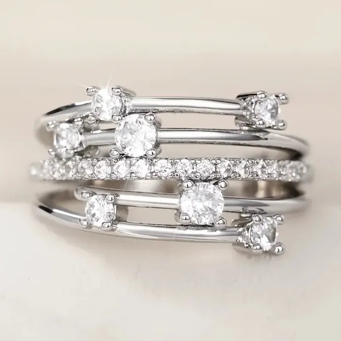 Geometric Multi-layer Cubic Zirconia Cross Wedding Band Ring for Women