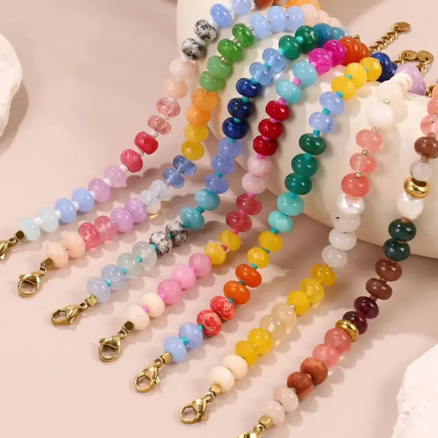 Summer Candy Color Natural Stone Bracelet Women Stainless Steel Waterproof Handmade Jewelry Gift