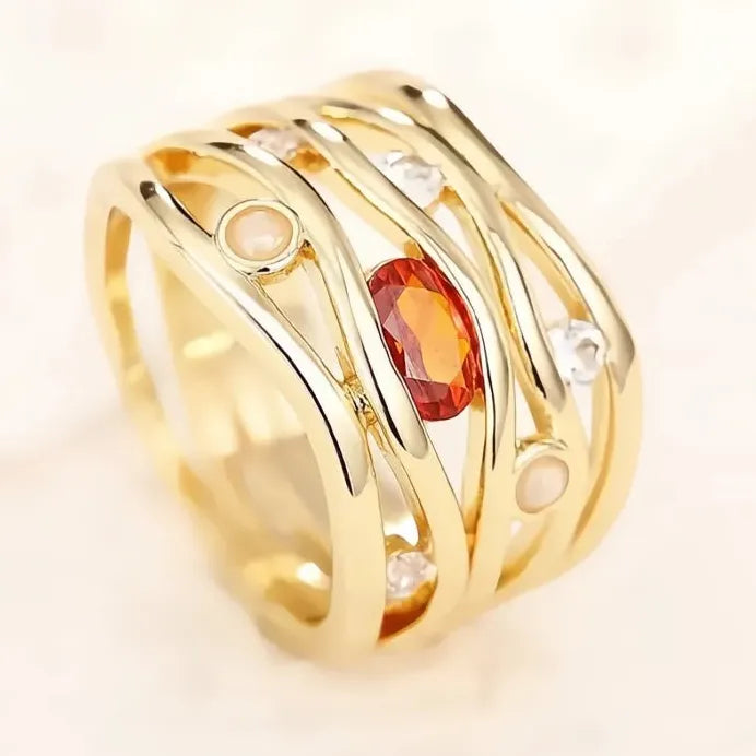 Women’s Gold Geometric Cocktail Ring with Red CZ & Opal for Weddings