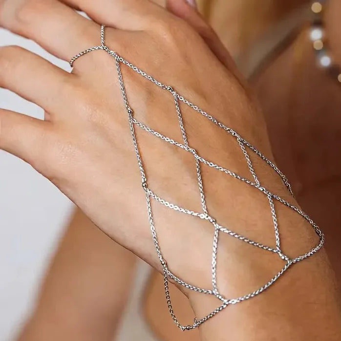 Bohemian Gold Mesh Hand Chain Bracelet Ring for Women Copper Rhinestone Bridal Gift