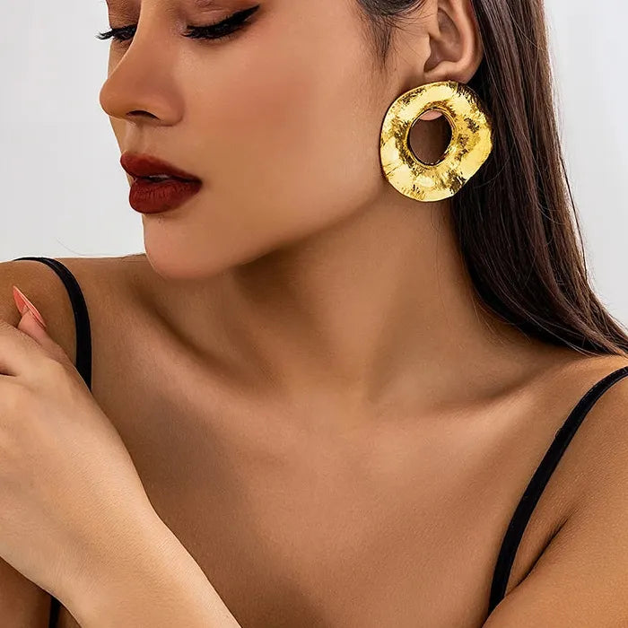 Large Geometric Hollow Metal Earrings for Women Irregular Round Texture