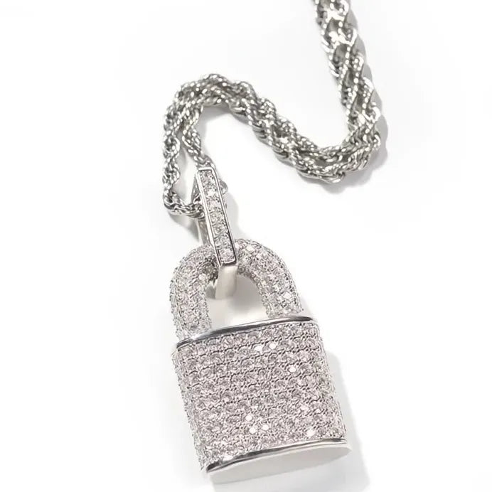 Rock Lock Cubic Zirconia Pendant Necklace Unisex Hip Hop Statement Jewelry