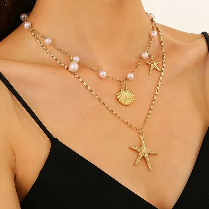 Starfish Shell Pearl Double-Layer Pendant Necklace for Women Zinc Alloy Gift