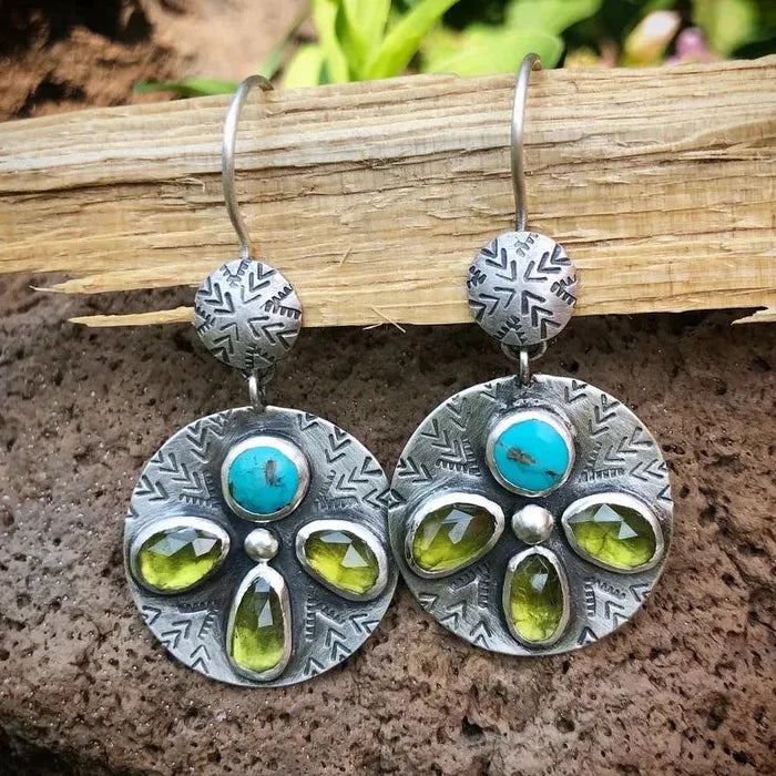 Vintage Multicolor Stone Indian Tribal Drop Dangle Earrings for Women