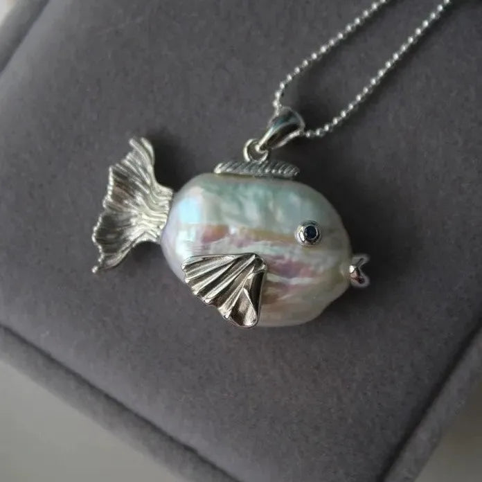 Stainless Steel Pearl Geometric Bighead Fish Necklace Couples Choker Gift