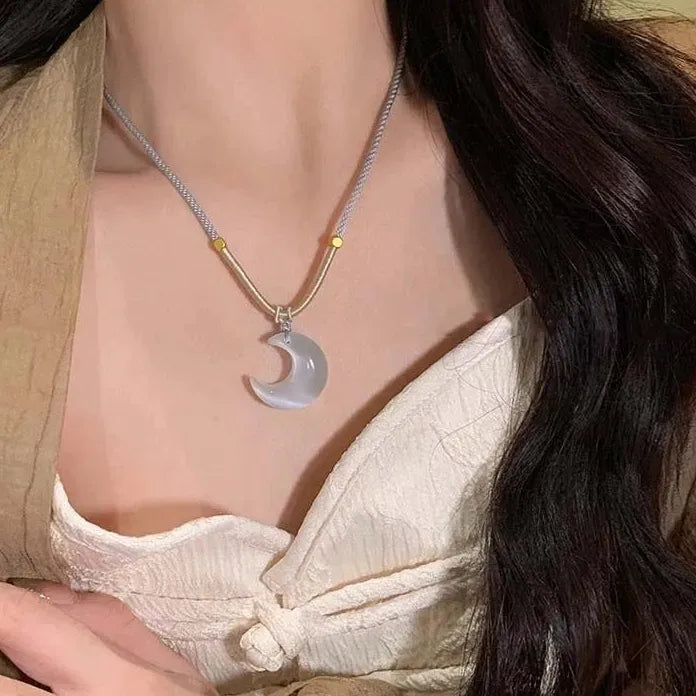 Chinese Style Opal Moon Pendant Necklace Women Acrylic Beaded Chain Gift