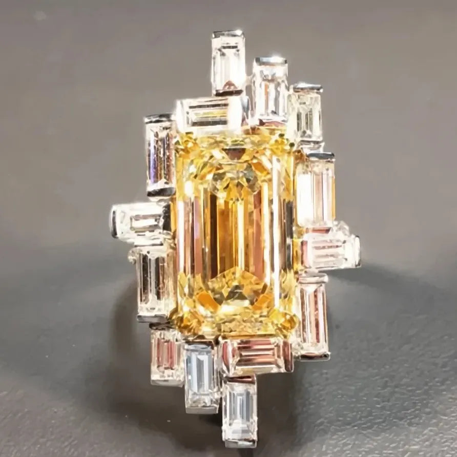 Elegant Geometric Yellow Cubic Zirconia Brass Ring for Women