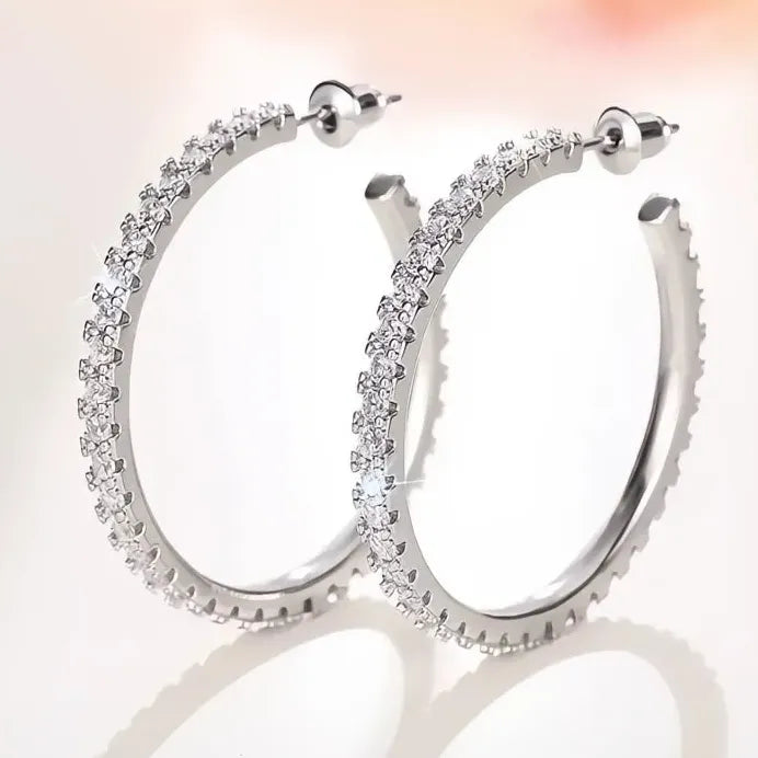Elegant Women's Silver Geometric Hoop Earrings with Cubic Zirconia Sparkle