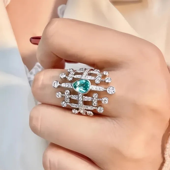 Geometric Pear Green CZ Wide Band Cocktail Wedding Ring for Women