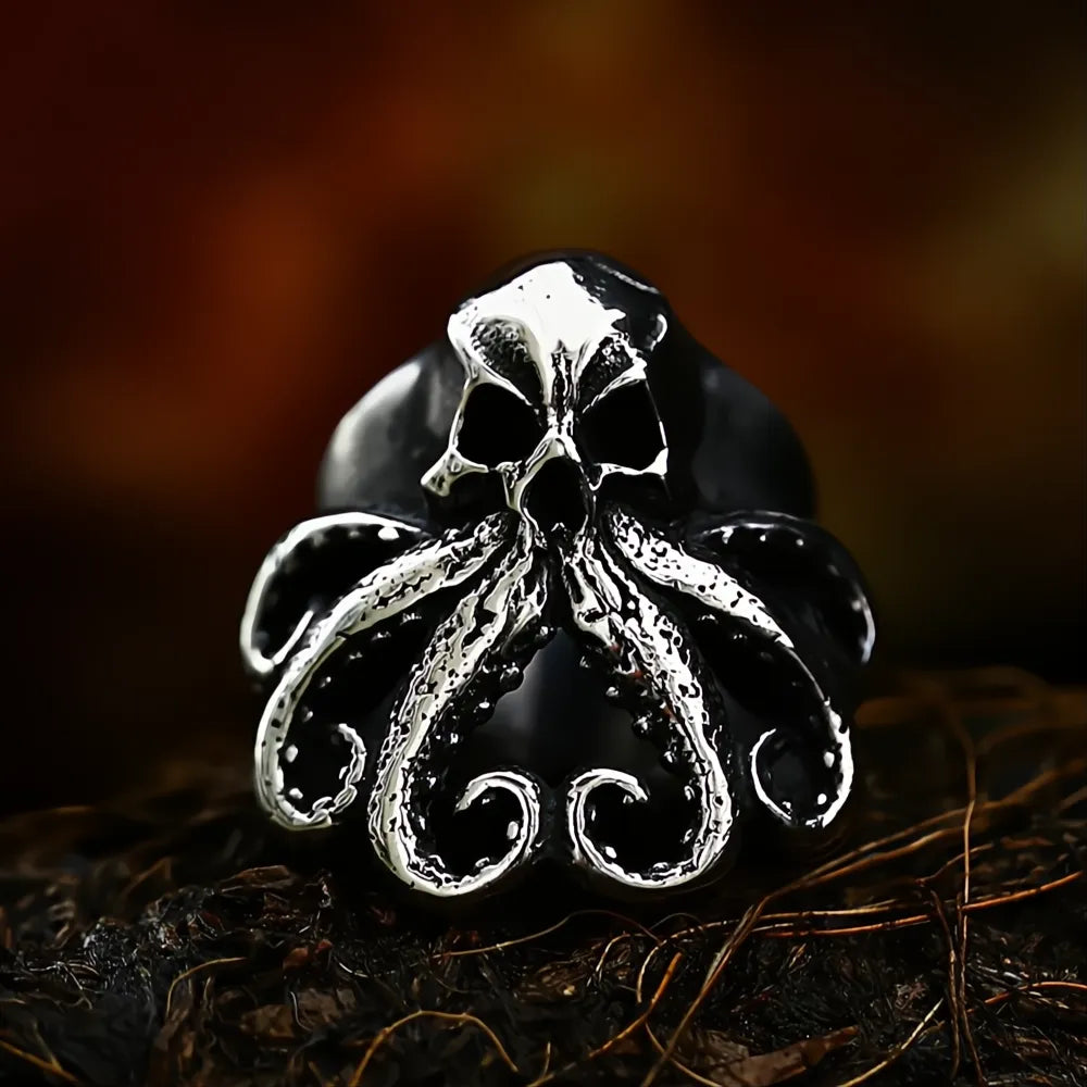 Stainless Steel Skull Octopus Ring | Viking Pirate Gothic Biker Ring for Men