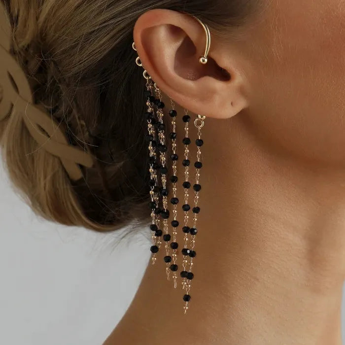 Vintage Black Crystal Tassel Zinc Alloy Clip-On Ear Hook Earrings Gift