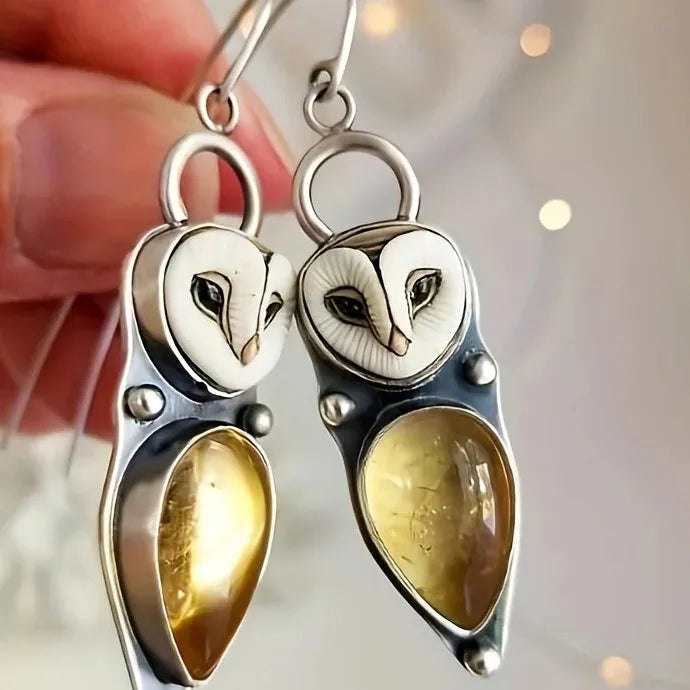 Vintage Owl Design Silver Alloy Synthetic Gem Dangle Earrings Bohemian