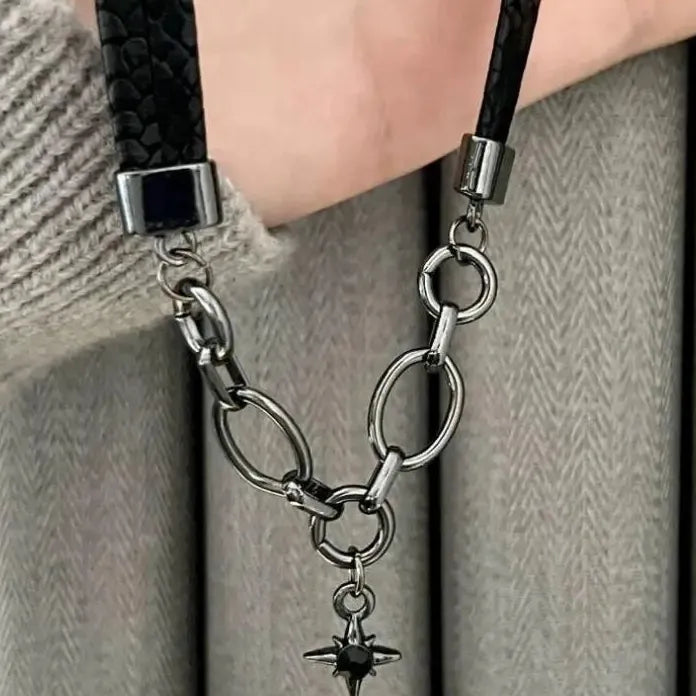 Punk Black Leather Star Collarbone Necklace Unisex Rock Hip Hop Jewelry