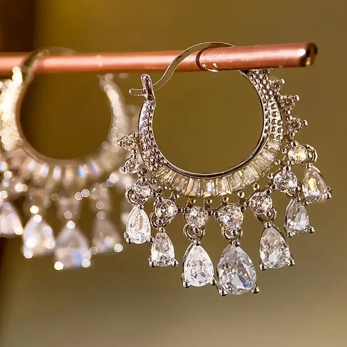 Romantic Geometric Tassel Dangle Earrings for Women Crystal CZ Brass Gift
