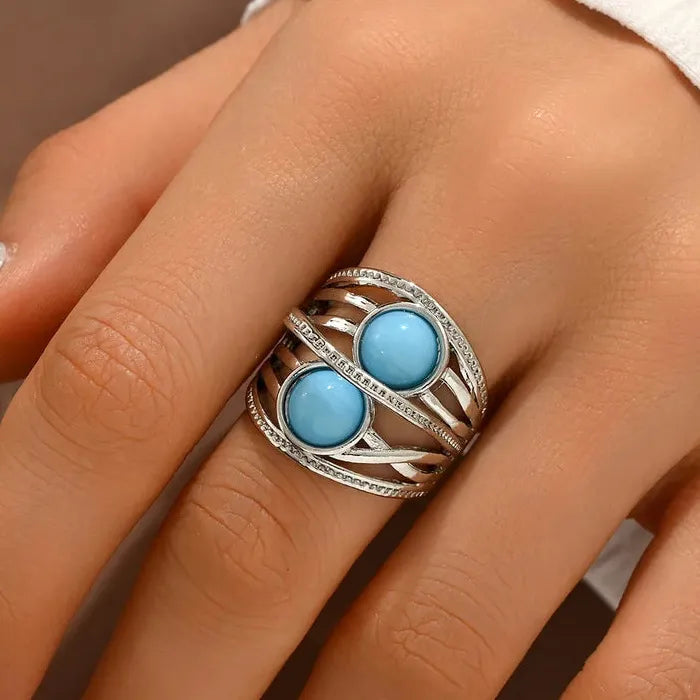 Vintage Bohemian Silver Zinc Alloy Synthetic Gemstone Ring Women’s Festival Jewelry