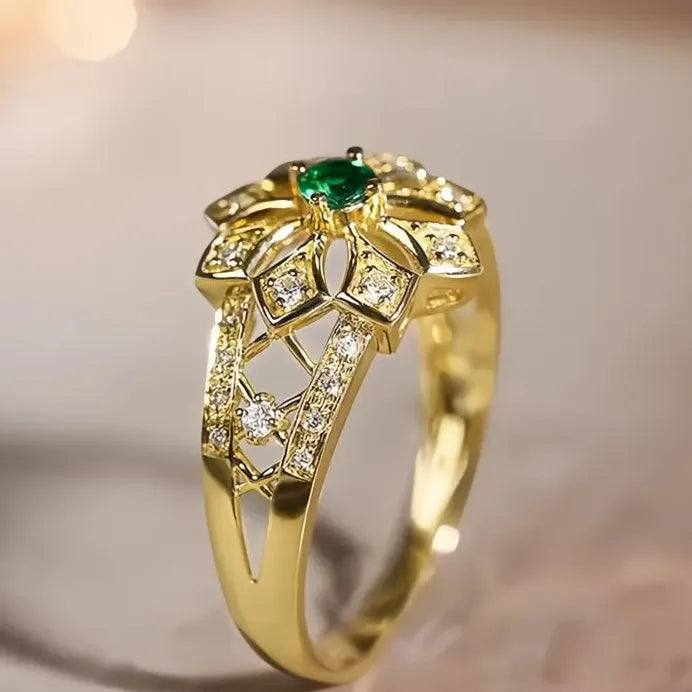 Geometric Green Cubic Zirconia Flower Ring for Women Wedding Gift