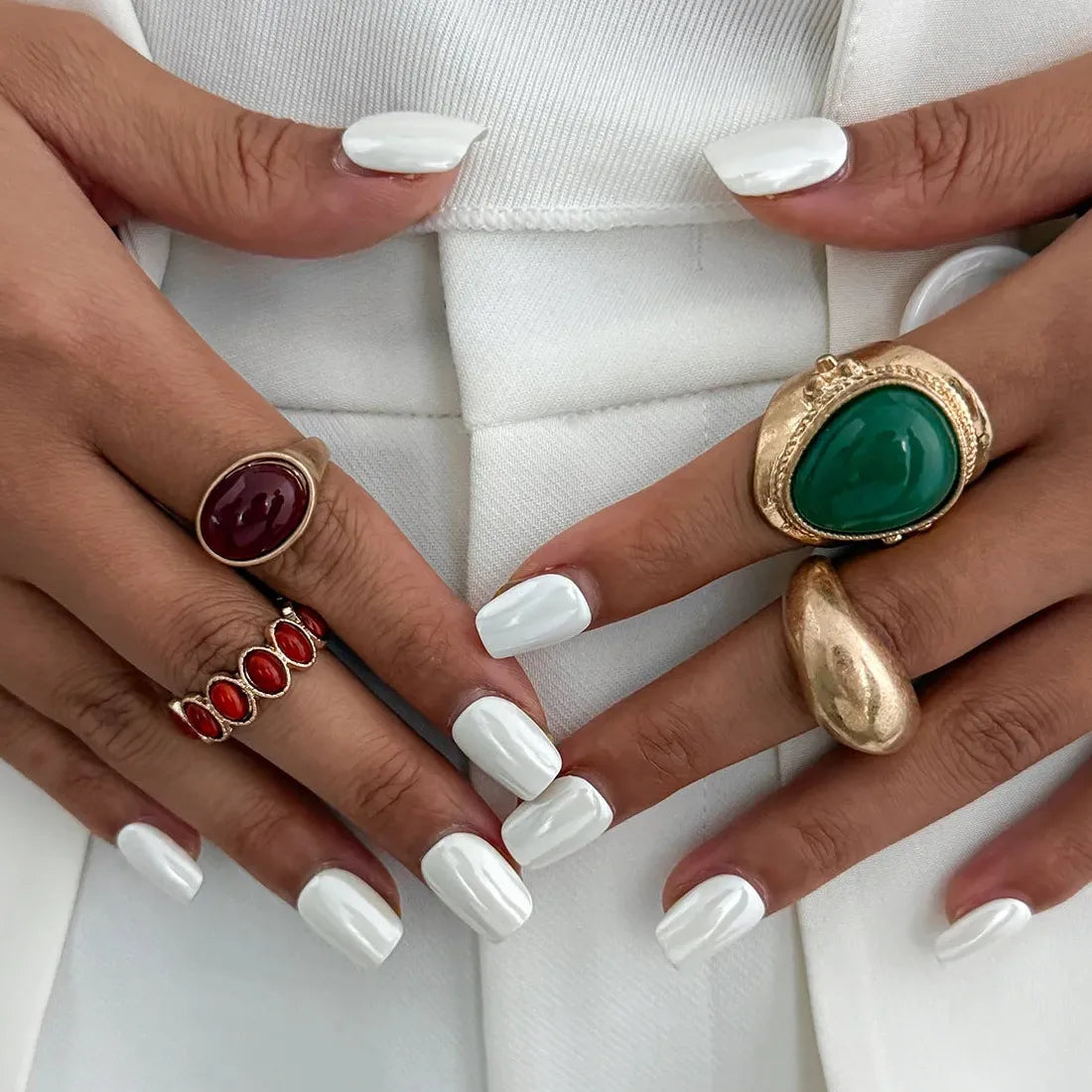 8Pcs Vintage Brown Geometric Stone Open Rings Set for Women Fashion Jewelry