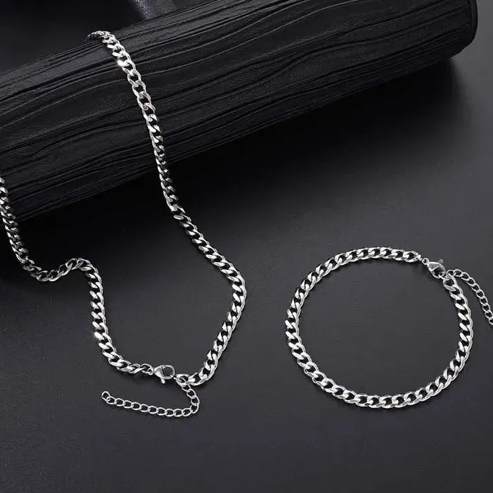 Punk Hip Hop Stainless Steel Cuban Chain Necklace & Bracelet Set Men Women