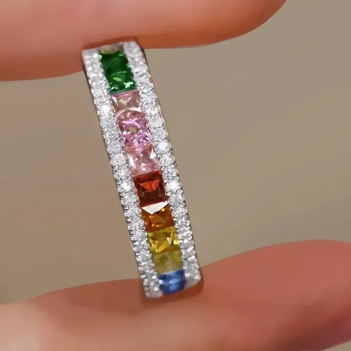 Women's Multi-Colored Square Cubic Zirconia Engagement Ring in Brass