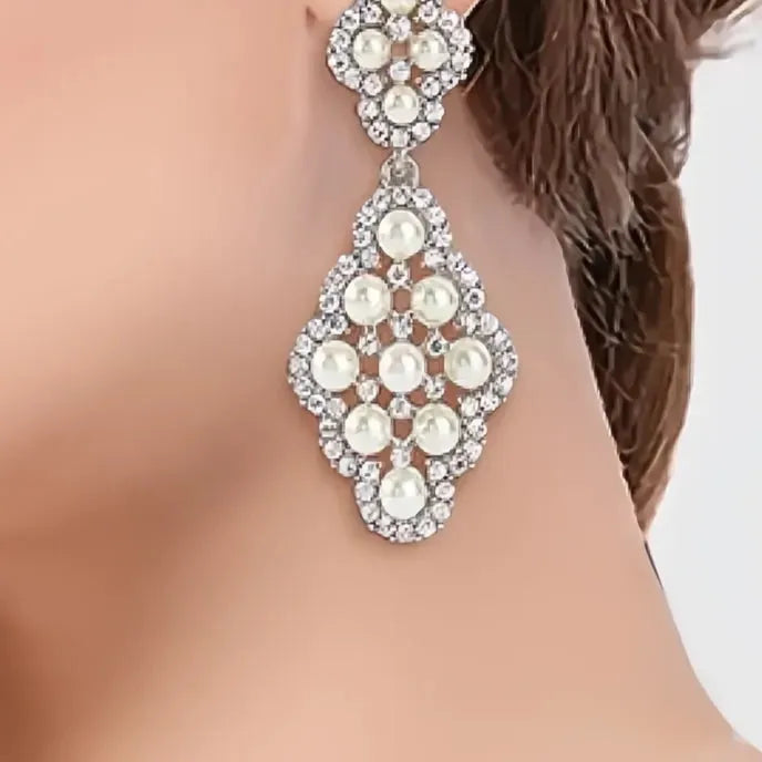 Copper Alloy Geometric Drop Earrings for Women Simulated Pearl Inlaid Shiny CZ Jewelry