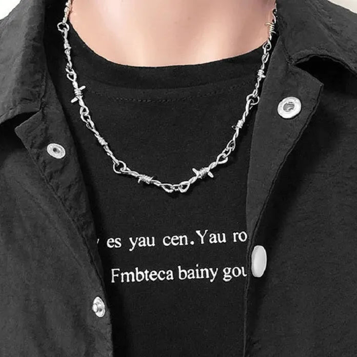 Punk Pearl Barbed Wire Chain Necklace Gothic Metal Jewelry Gift Men Women