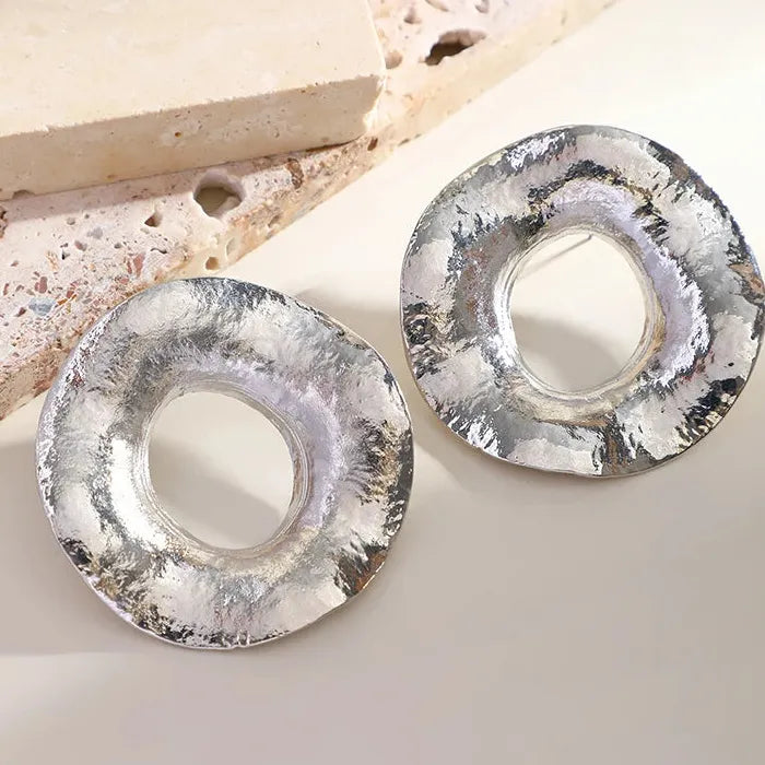 Large Geometric Hollow Metal Earrings for Women Irregular Round Texture