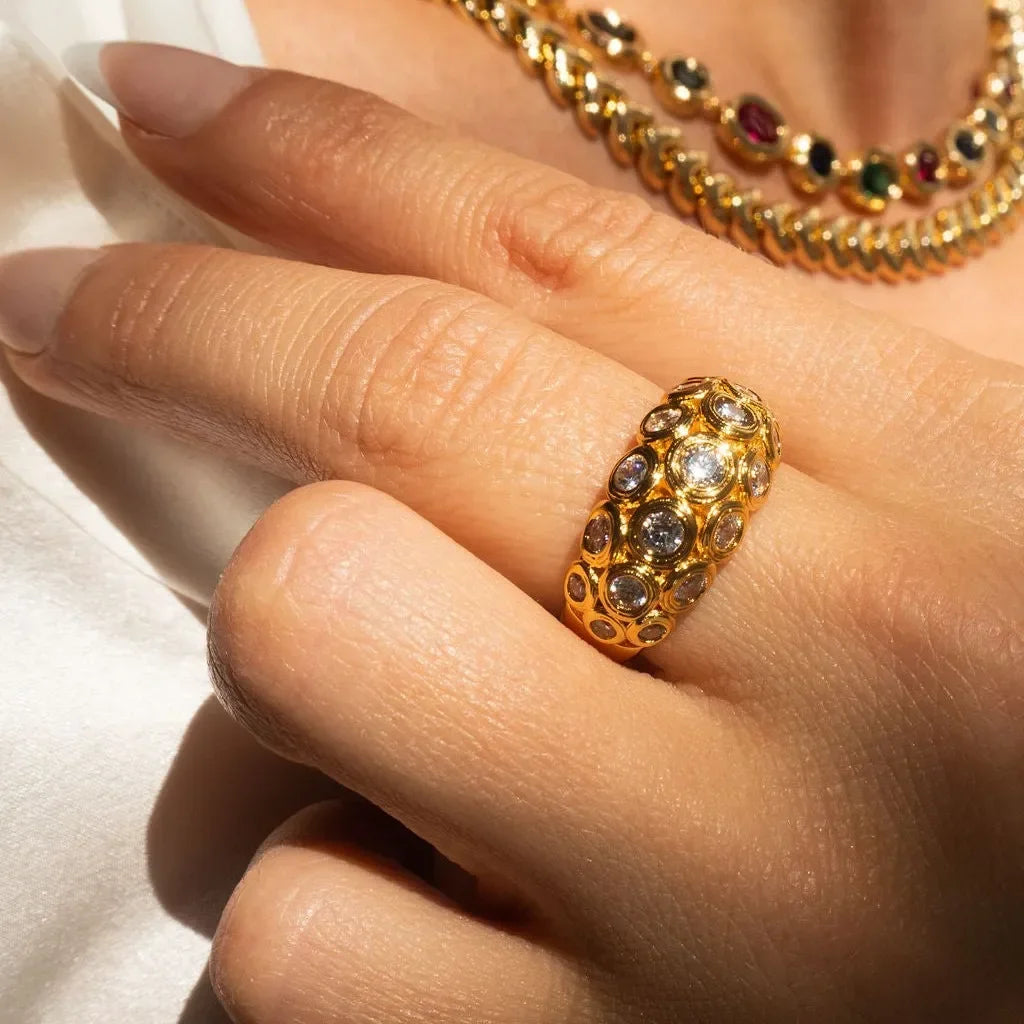 Italy Geometric CZ Zircon Wide Dome Sparkling Wedding Ring Stainless Steel Jewelry