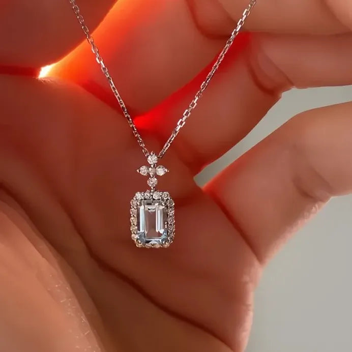 Light Blue Square Cubic Zirconia Pendant Necklace for Women Wedding