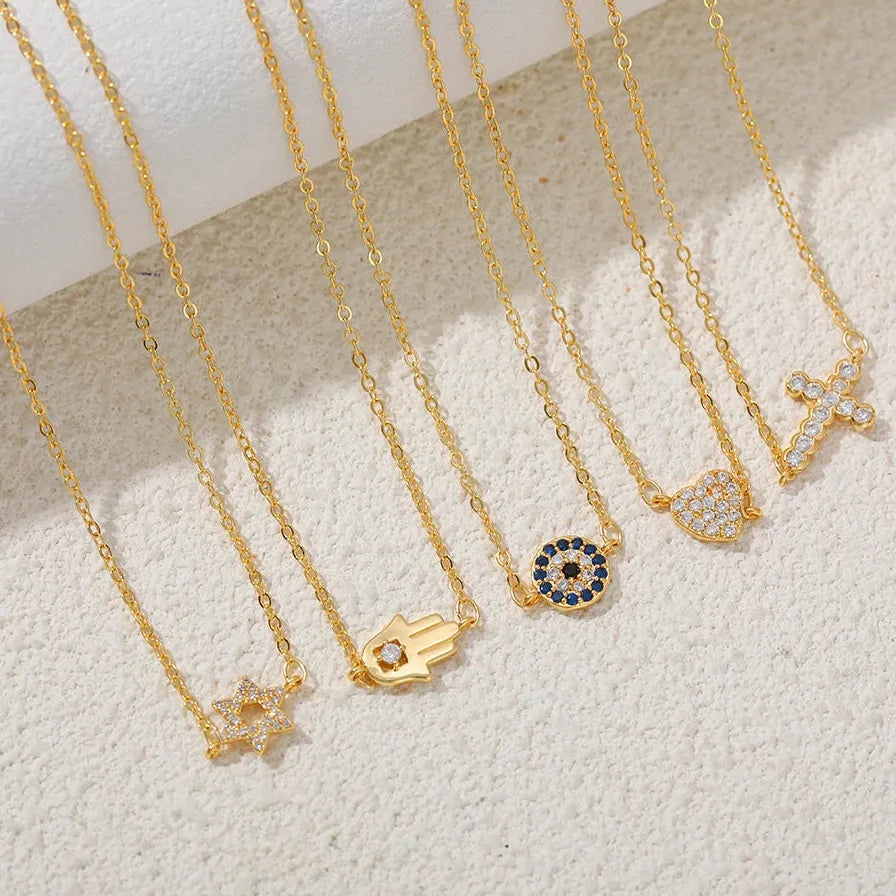 18K Gold Plated Geometric Palm Love Heart Cross Pendant Necklace CZ Charm