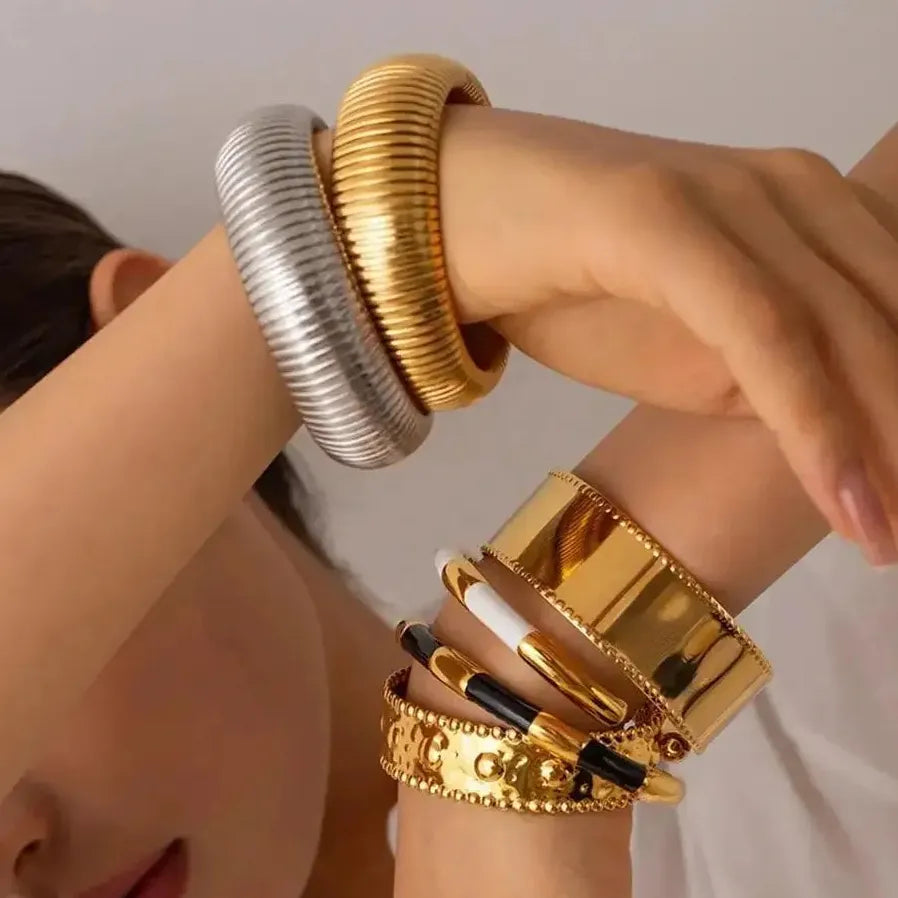 18K Gold Plated Stainless Steel Geometric Punk Snake Chain Cuff Bracelet