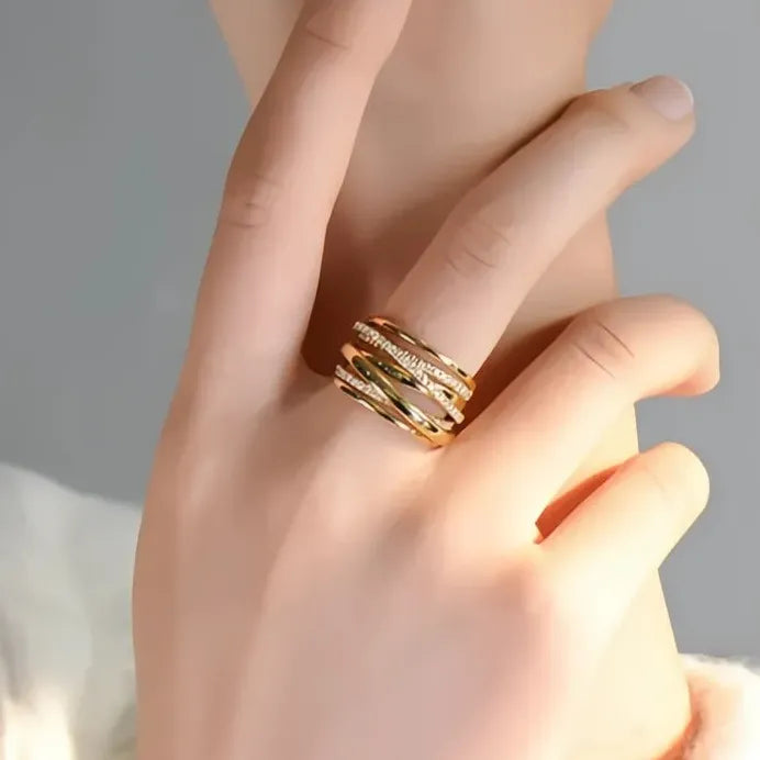 Gold Multi-Layer Geometric Cubic Zirconia Wedding Band Ring for Women