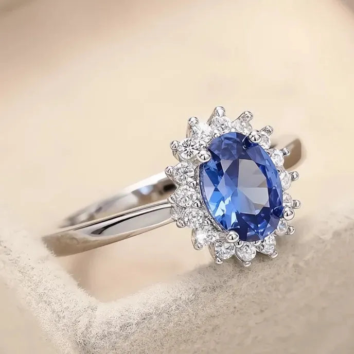 Aesthetic Sunflower Design Brass Ring with Blue Cubic Zirconia Women’s Wedding Anniversary Jewelry