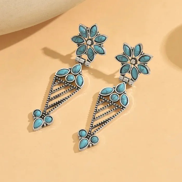 Retro Bohemian Hollow Flower Turquoise Drop Earrings Zinc Alloy for Women
