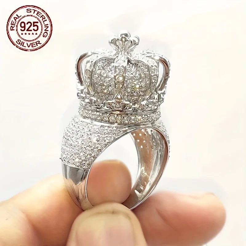 2025 Luxury 925 Sterling Silver Iced Out Hollow Crown Men’s Pinky Hip Hop Ring