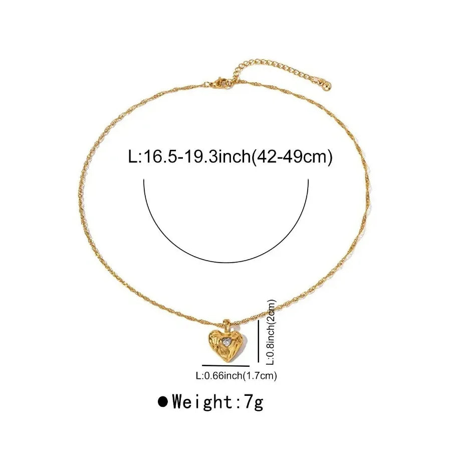 Gold Plated Ribbed Love Heart Pendant Crystal Choker Necklace Women Jewelry Waterproof Stainless Steel