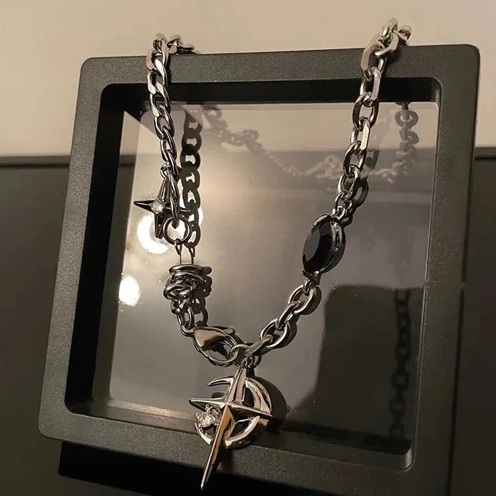 Y2K Cuban Figaro Chain Star Moon Pendant Necklace Zinc Alloy Jewelry