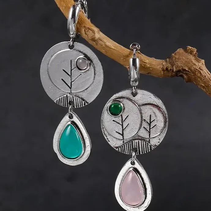 Retro Waterdrop Flower Leaf Geometric Pink Green Gemstone Silver Earrings Women