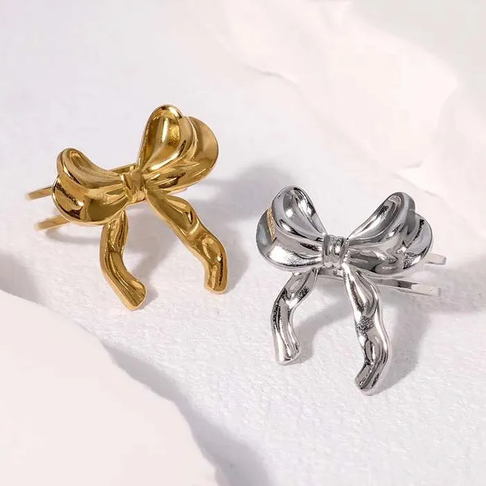 Adjustable Gold Color Stainless Steel Bowknot Ribbon Ring for Women Jewelry Gift