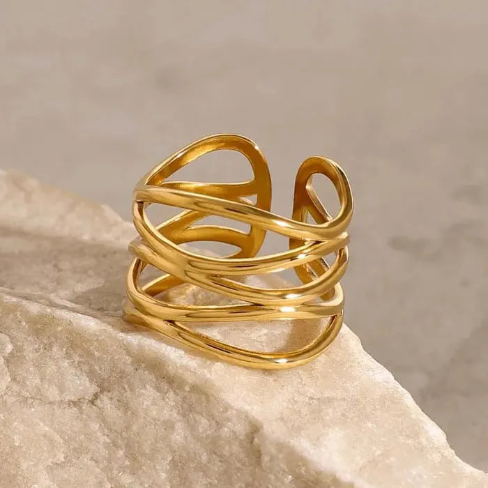 Adjustable Stainless Steel Gold Geometric Irregular Line Mood Tracking Ring for Women
