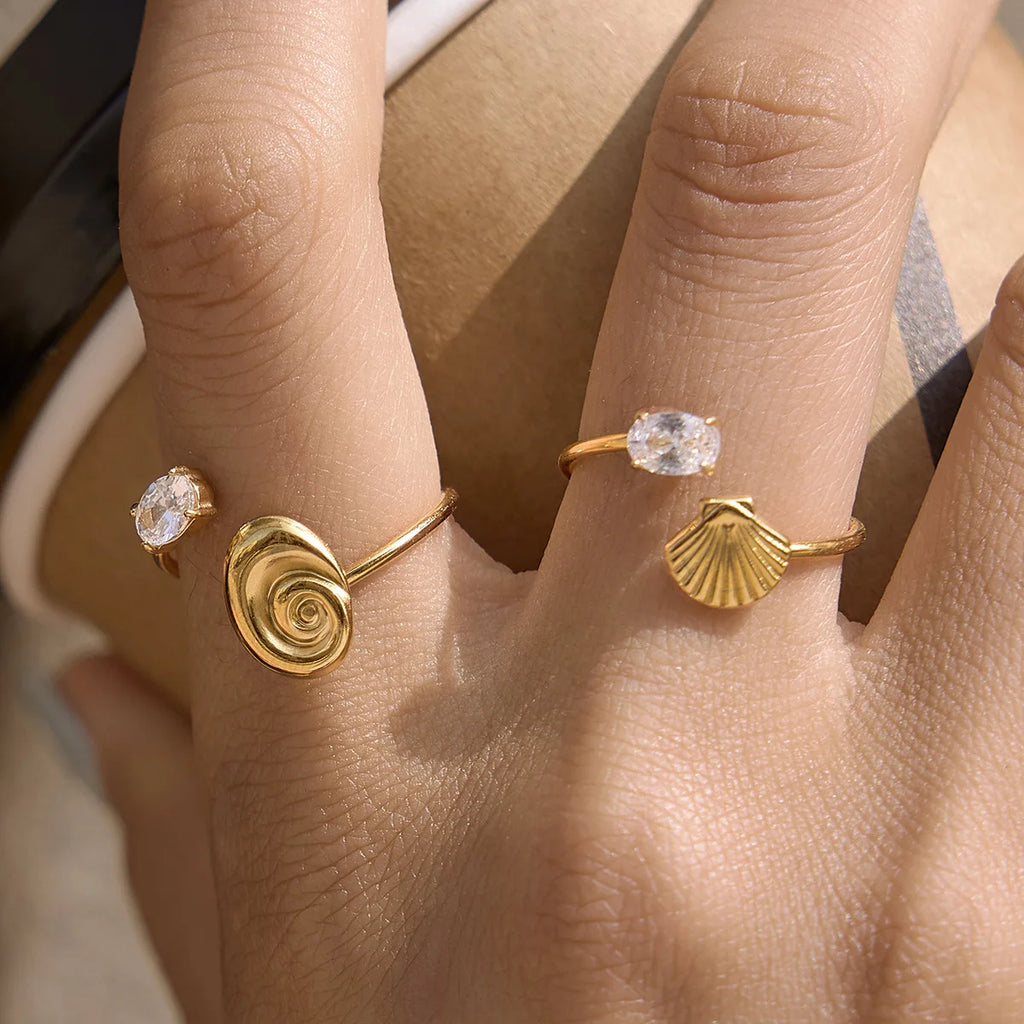 18K Gold Plated Stainless Steel Seashell Scallop Ring Adjustable Zircon Wedding Jewelry