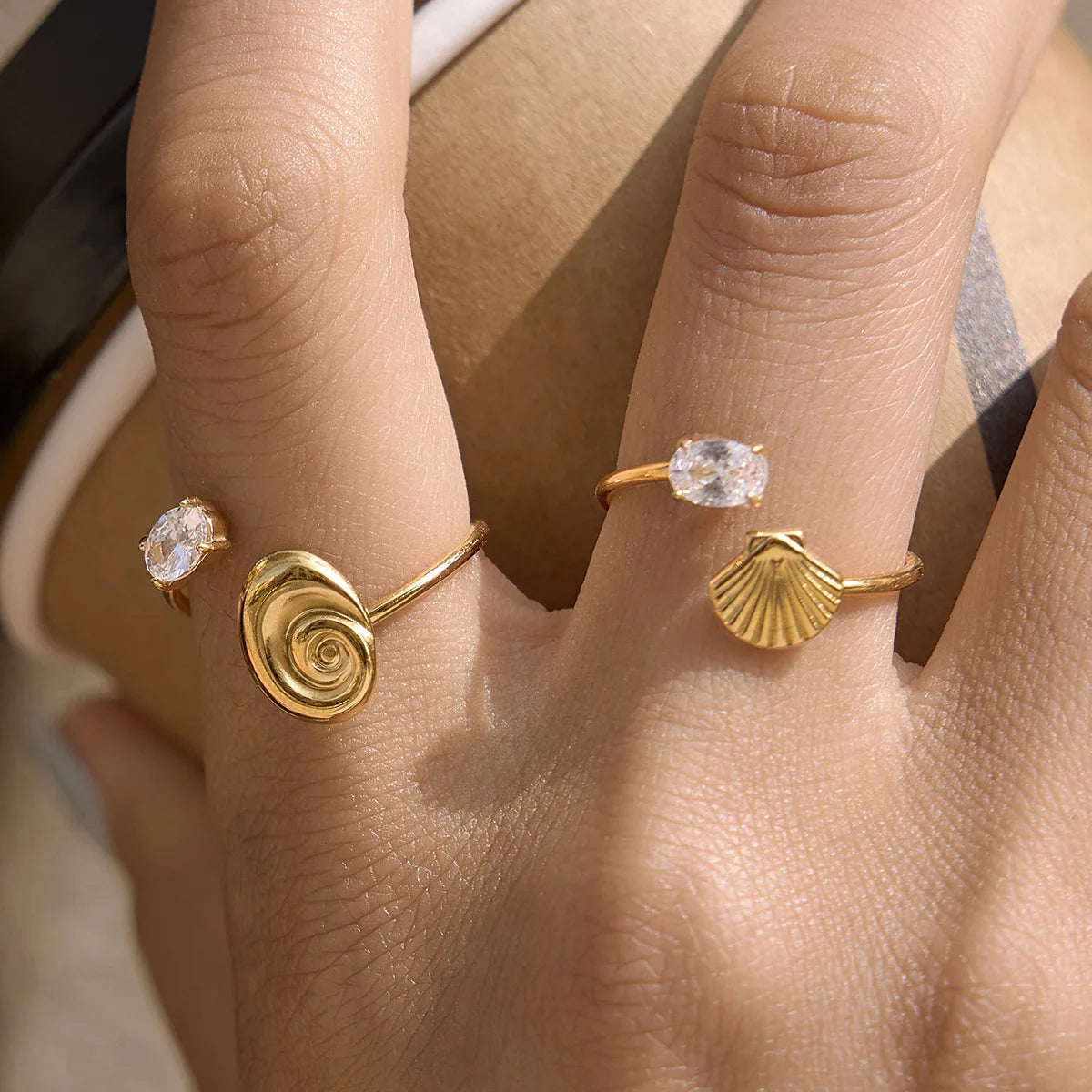 18K Gold Plated Stainless Steel Seashell Scallop Ring Adjustable Zircon Wedding Jewelry