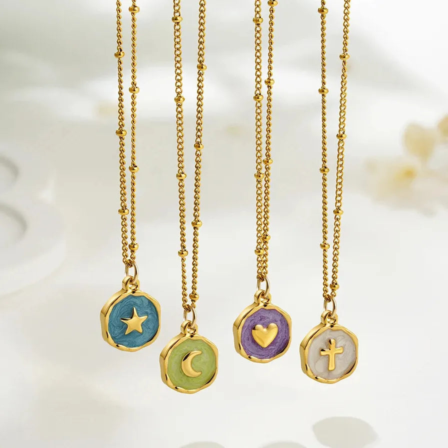 Stainless Steel Geometric Pendant Necklace Star Cross Heart Moon Choker Women Jewelry