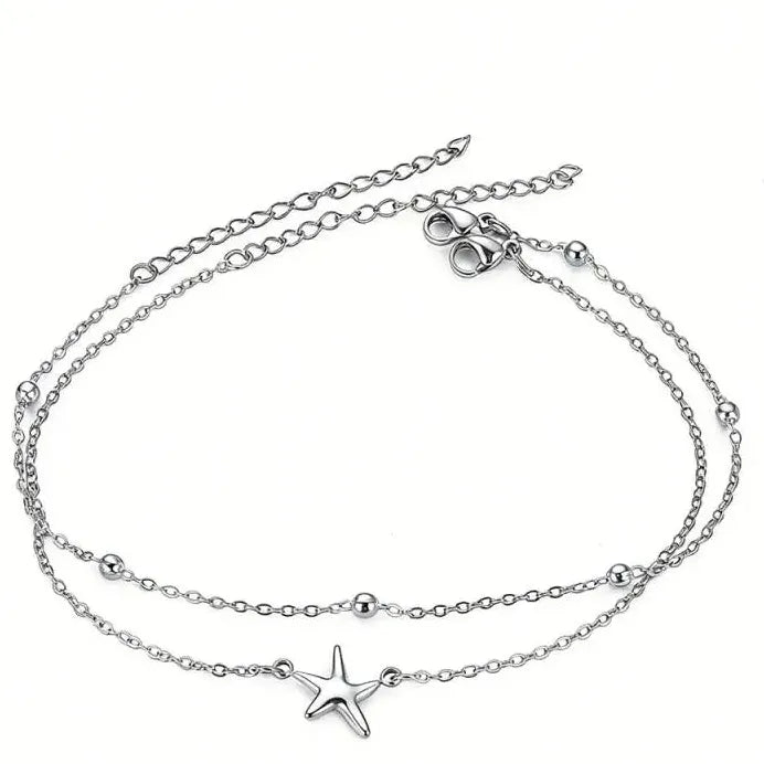 2Pcs Stainless Steel Star Double-Layer Waterproof Anklets for Women