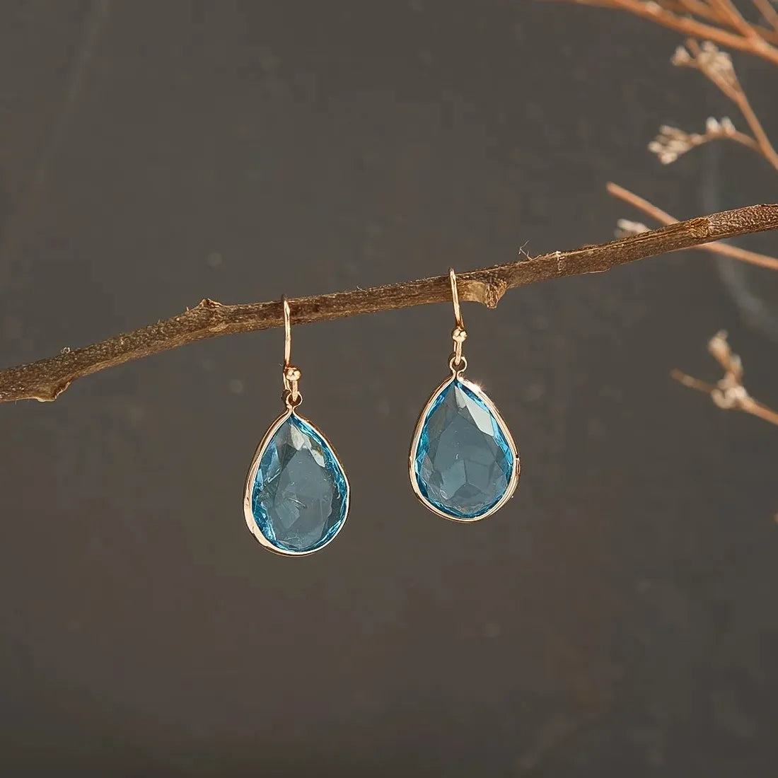 Gold Water Drop Resin Earrings for Women Blue Cubic Zirconia Bridal Jewelry