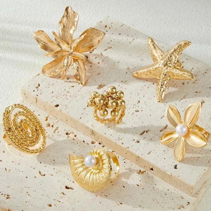 Vintage Gothic Large Metal Starfish Flower Adjustable Ring Women Trendy Jewelry