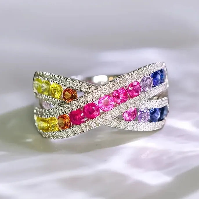 Rainbow Cubic Zirconia Cross Ring Silver Brass Wedding Party Jewelry for Women