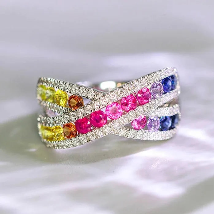 Rainbow CZ Iced Out Silver Cross Ring for Women Wedding Party Jewelry